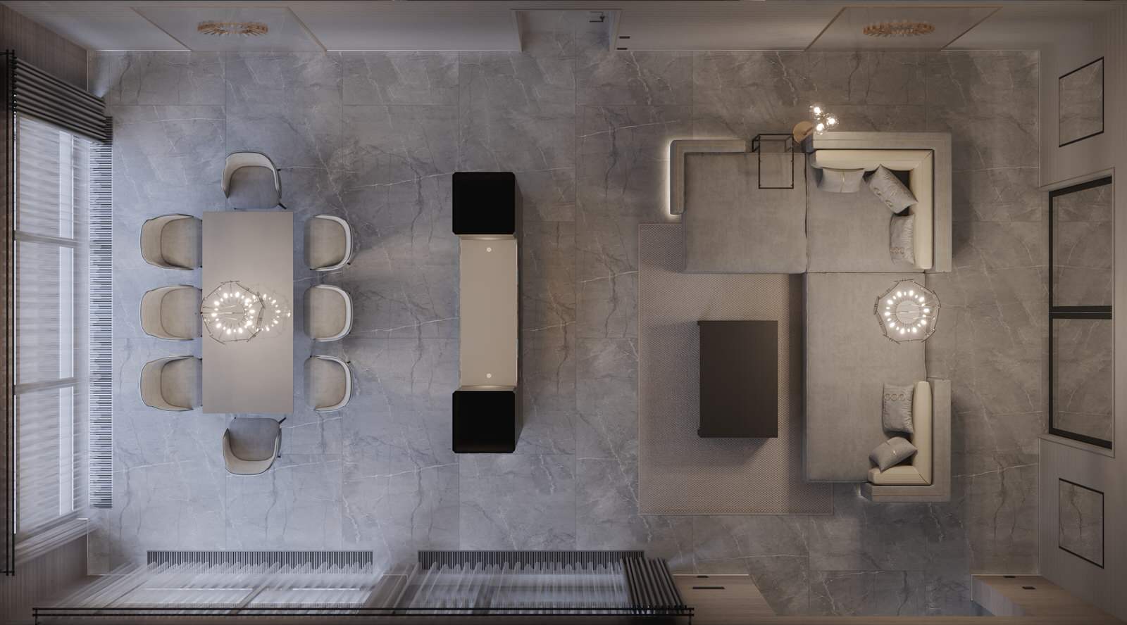 3d-визуализация плана гостиной-столовой в проекте загородного дома