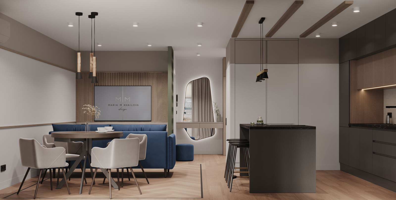 Современный интерьер с яркими акцентами и геометрическими формами