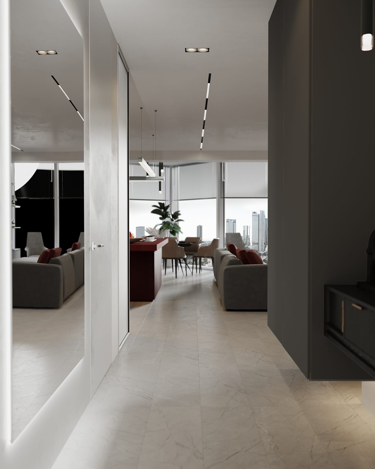 Современная кухня-гостиная с цветными элементами