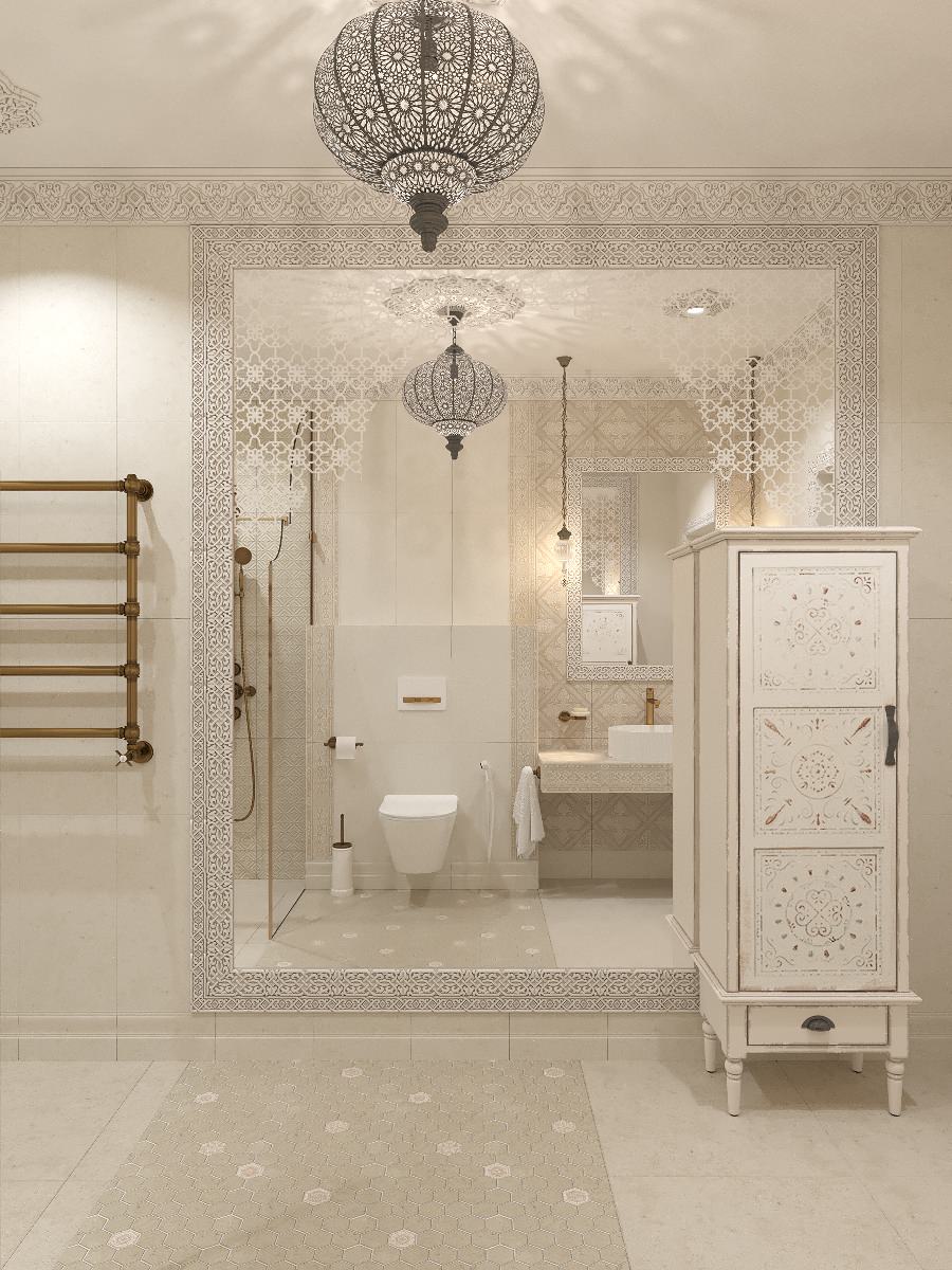 Интерьер санузла в цокольном этаже загородного дома в Восточном стиле.