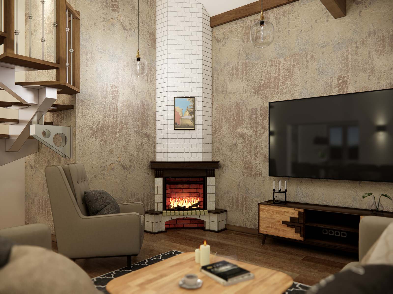 Дом в немецком стиле: кухня и гостиная с камином и лестницей