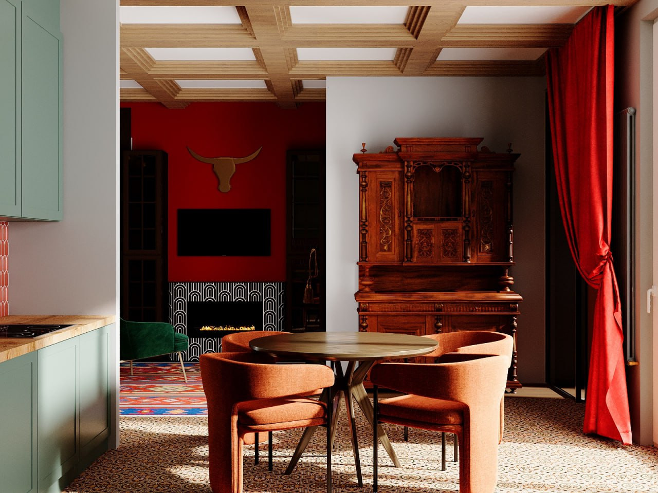 Проект: Кухня-столовая в стиле "Ретро-модерн" с акцентом на цвет, текстуру и арх