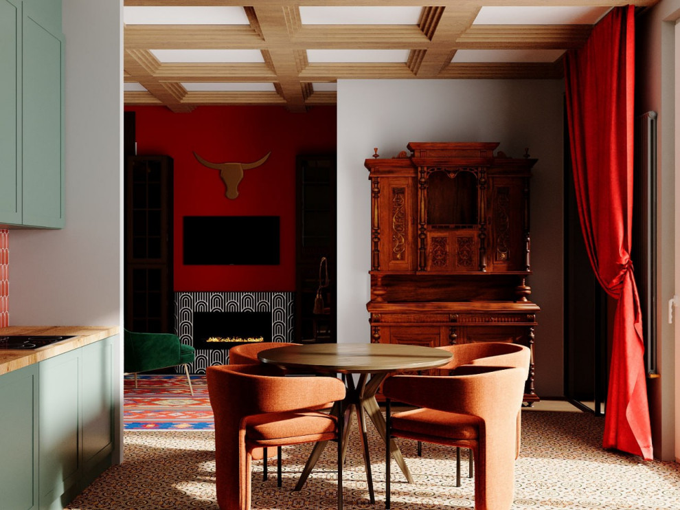 Проект: Кухня-столовая в стиле "Ретро-модерн" с акцентом на цвет, текстуру и арх