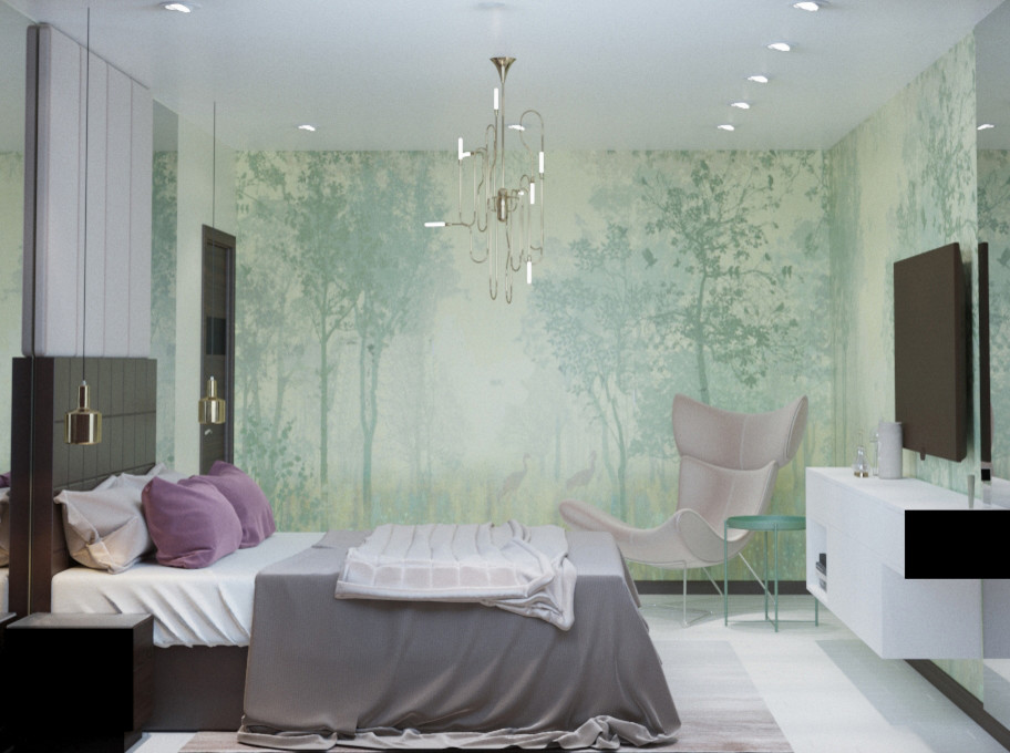 Спальня "Таинственный лес" 3-хкомнатная квартира для современной девушки