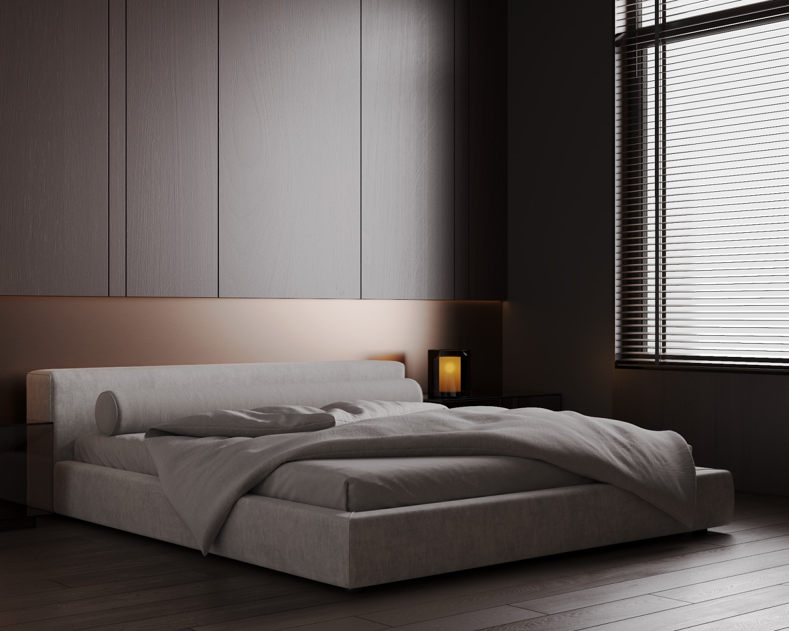 Визуализация интерьера спальни в темных тонах