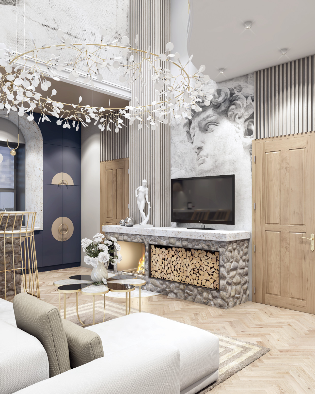 Дизайн проект гостиной с кухней в загородном доме