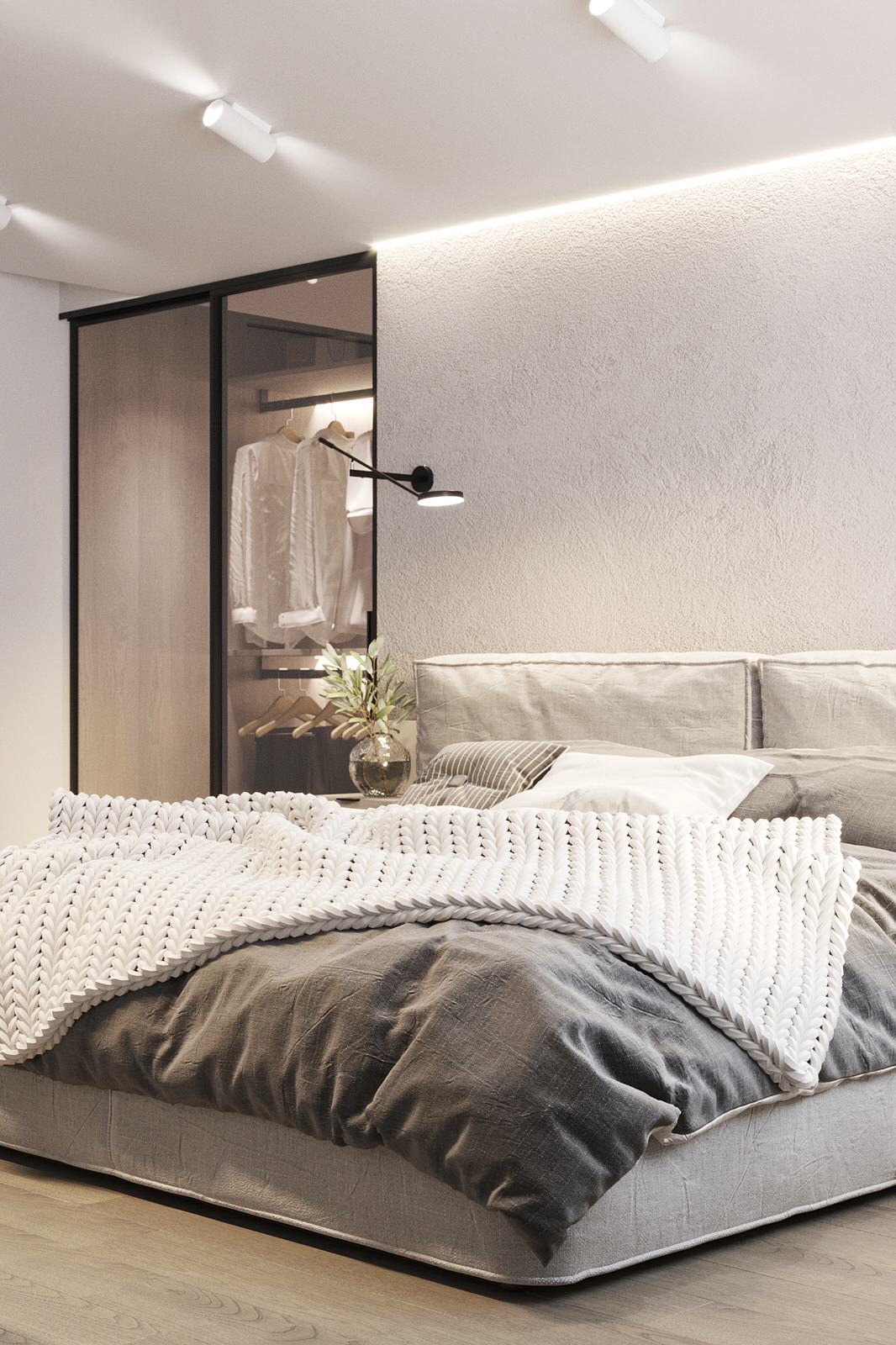 Белые интерьеры спальни и ванной комнаты