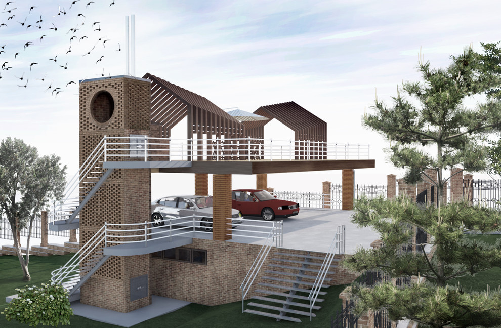 Навес для трёх авто на рельефе с цокольным этажом в Велегож- парк 2 Тульской обл