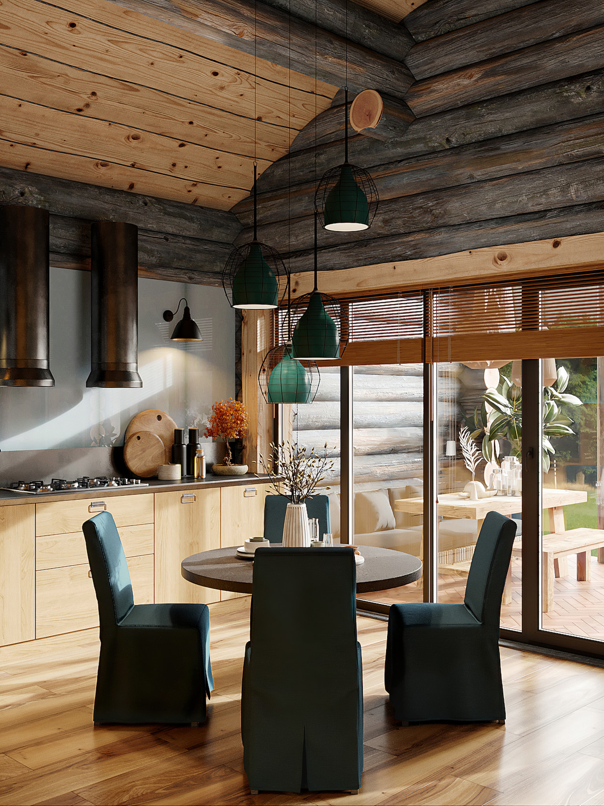 Дом из кело для рыбалки. Кухня-гостиная