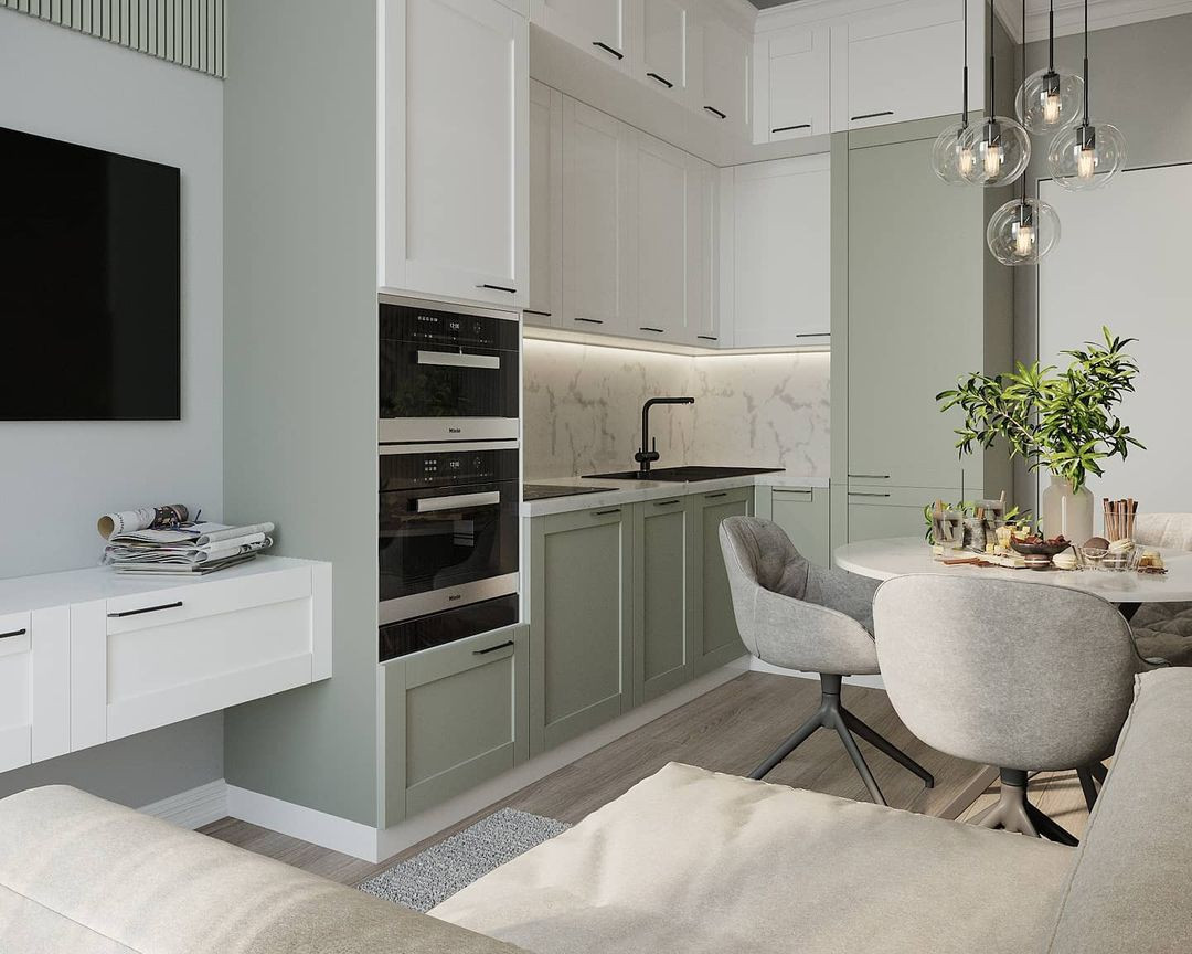 Интерьер кухни-гостиной в природных оттенках