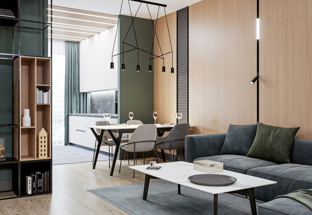 Дизайн-проект гостиной в эко стиле и лофте в квартире во Владивостоке