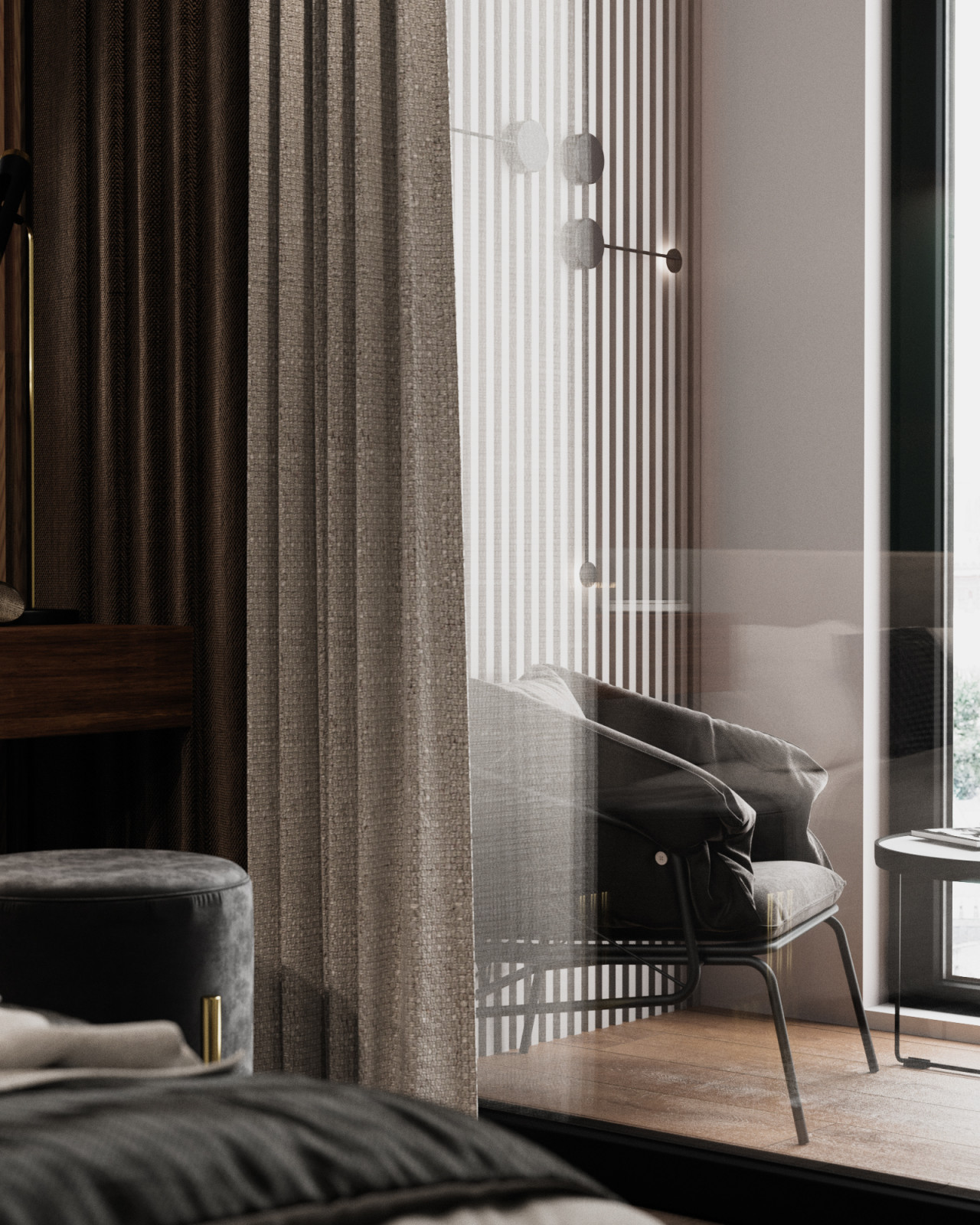 Дизайн спальни с изумрудным цветом и гардеробной комнаты