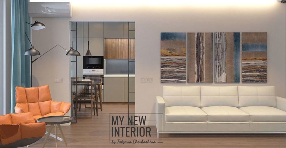 Обложка проекта: Дизайн трехкомнатной квартиры в современном стиле - 95 кв.м. кухня и гостиная