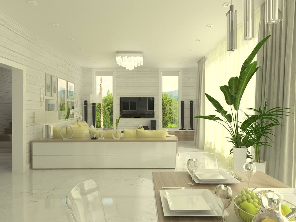 Интерьер кухни-гостиной в загородном доме из клееного бруса, г. Ижевск