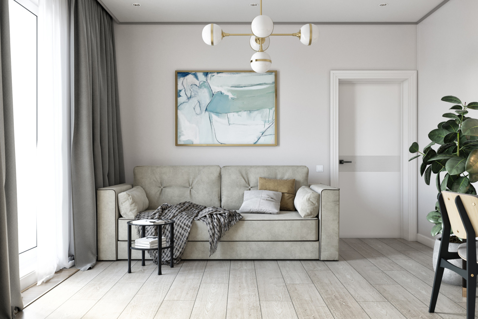 Дизайн квартиры в современном стиле. Цветные акценты и библиотека в 90 м. кв.