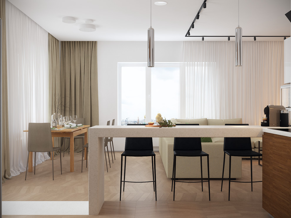 Скандинавский Минимализм. Зона барной стойки на кухне - визуально линия столешни