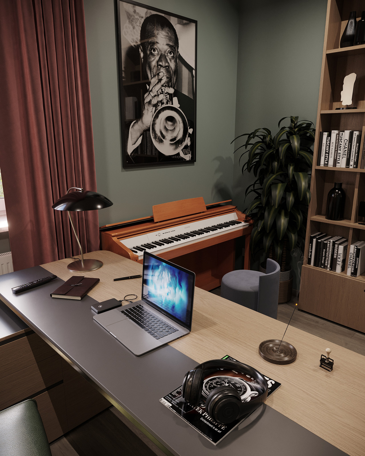 Дизайн и 3д-визуализация кабинета в загородном доме. Вариант 2.