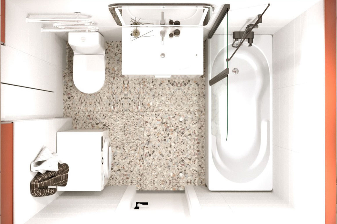 Дизайн проект ванной с белым кафелем и тераццо на полу