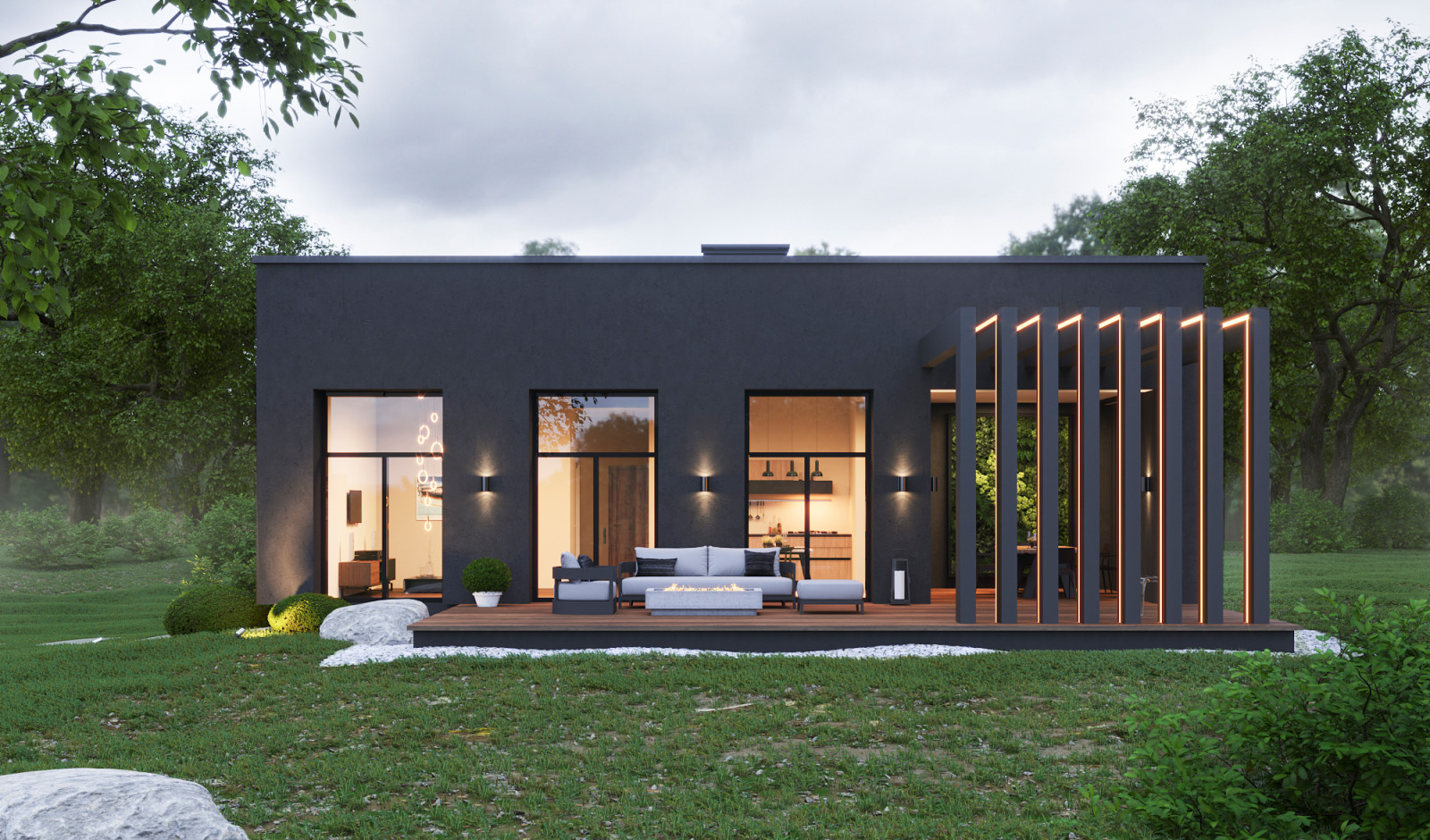 Современный дом для одной семьи простой формы с гаражом на одну машину