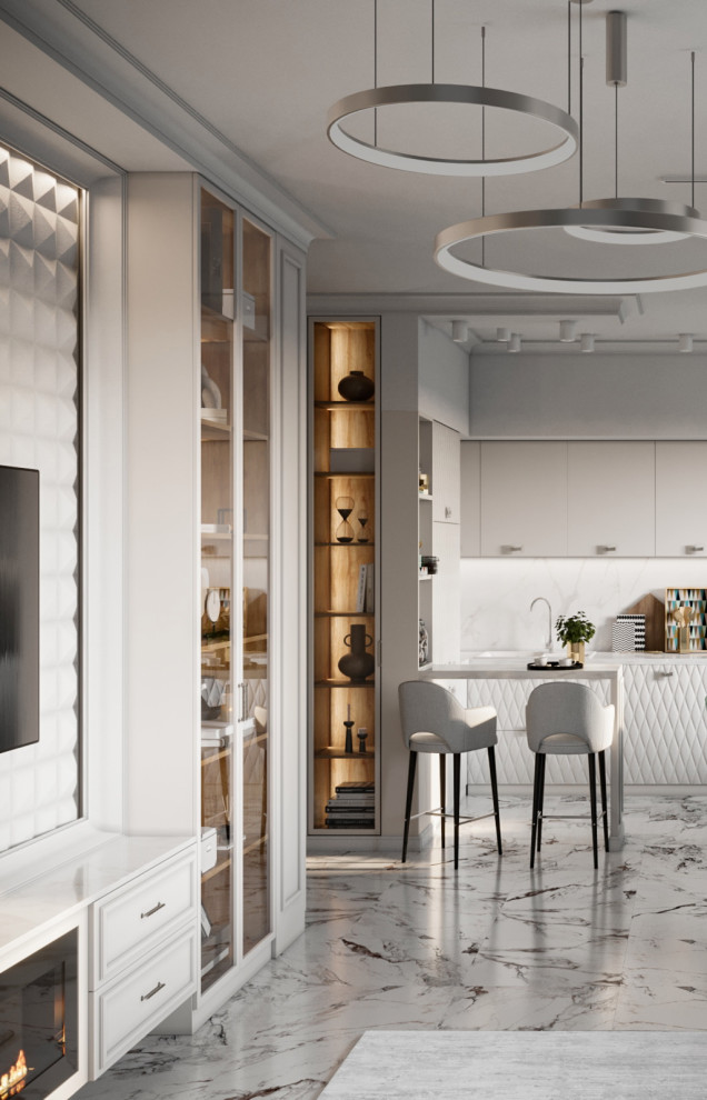 Мятная неоклассика. Кухня-гостиная в загородном доме.