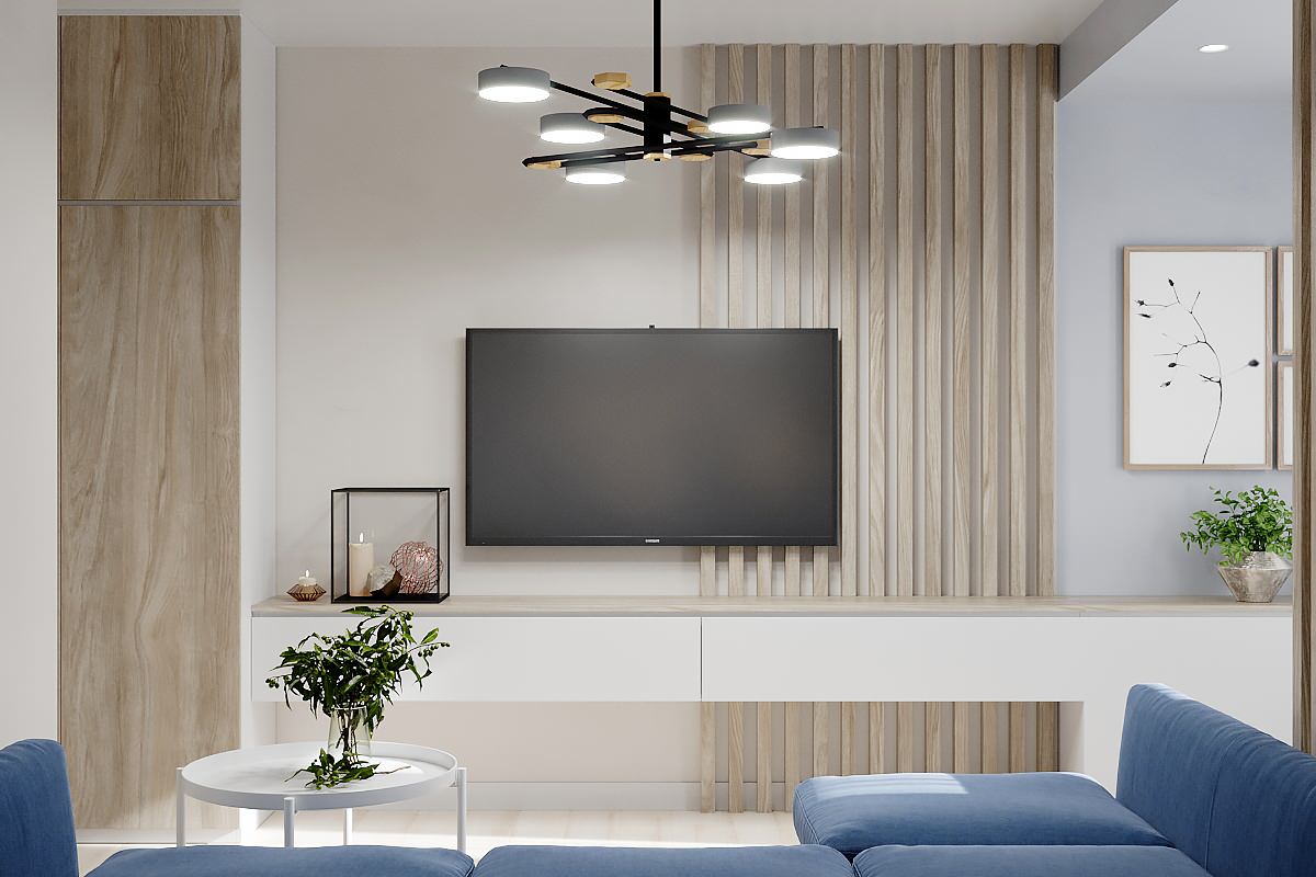 Уютная и светлая гостиная с рабочим местом