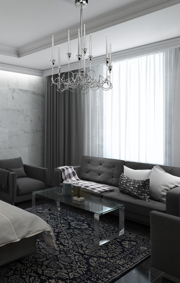 Черно-белая гостиная с акцентной люстрой