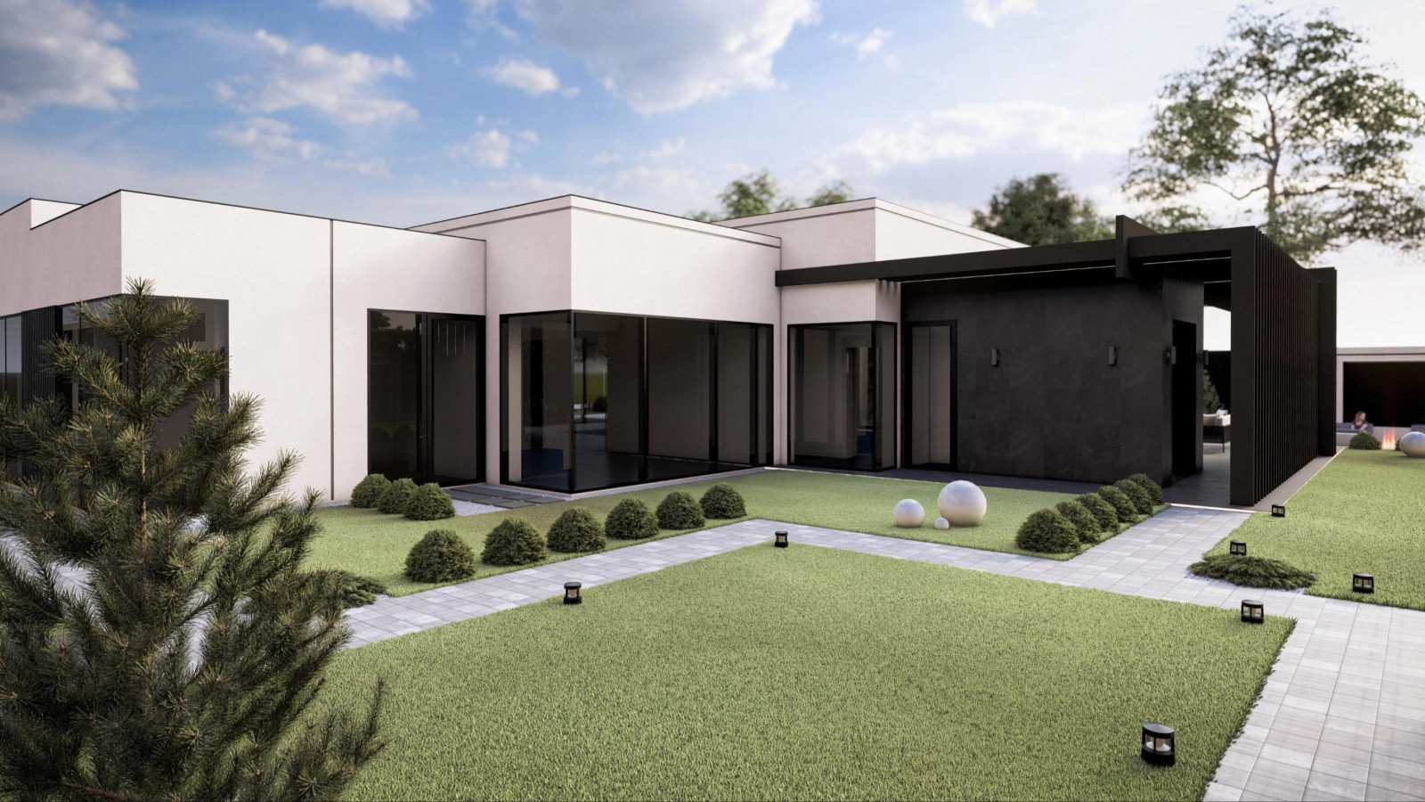 Проект фасада  и ландшафта для дома с плоской крышей