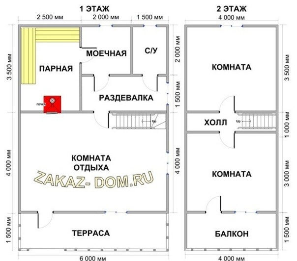 Баня из бруса с мансардой (6х9 м) - Проект № 2Б-20