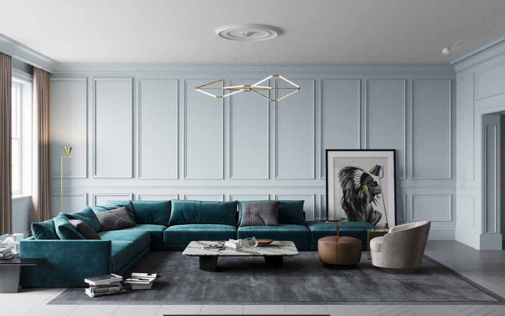 Интерьер зоны кухни-гостиной для загородного дома