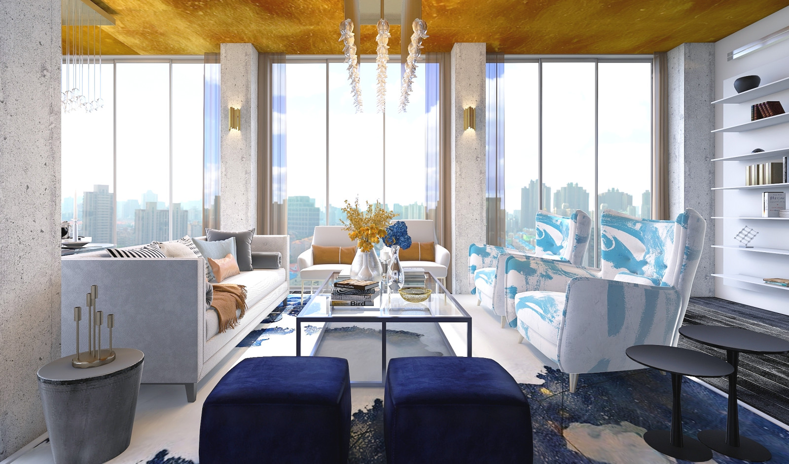 Большая гостиная с золотым потолком