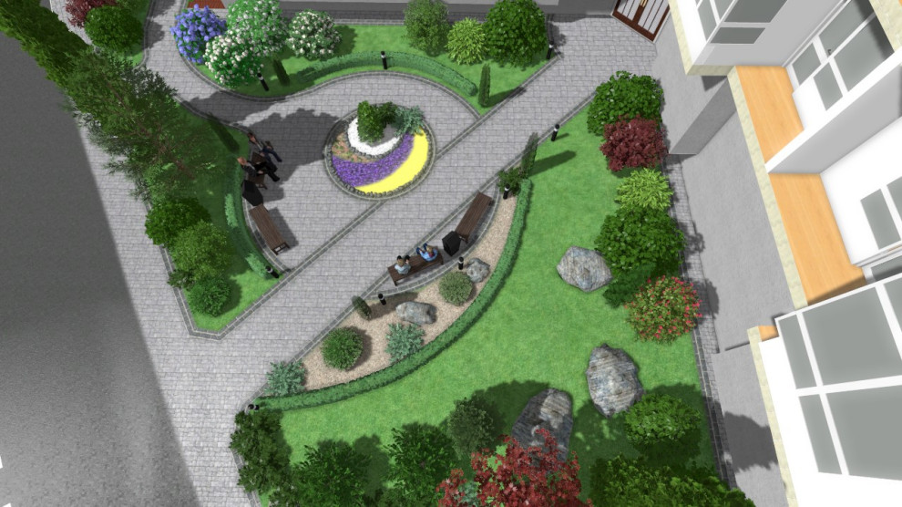 Входная группа многоквартирного дома с детской площадкой