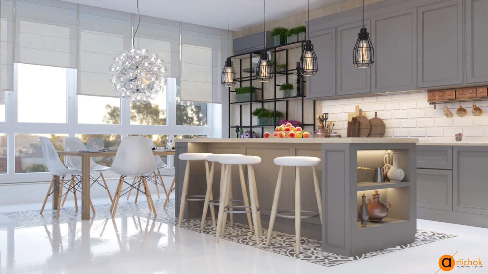 Кухня-студия в белом и сером цветах