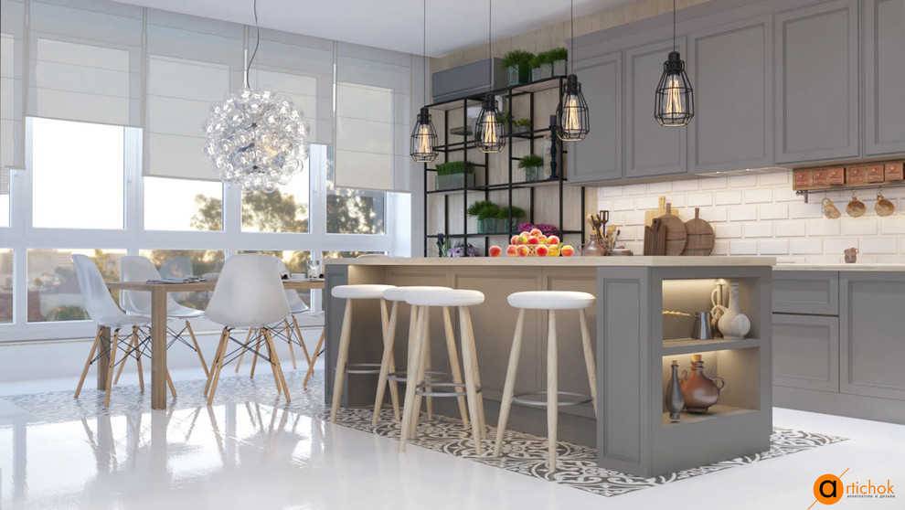 Кухня-студия в белом и сером цветах