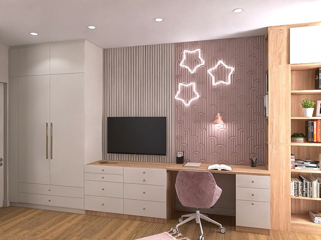 Обложка проекта: Трапецевидная детская для 2 девочек в розово-сиреневом