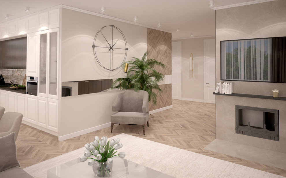 Интерьер гостиной, совмещенной с кухней в загородном доме