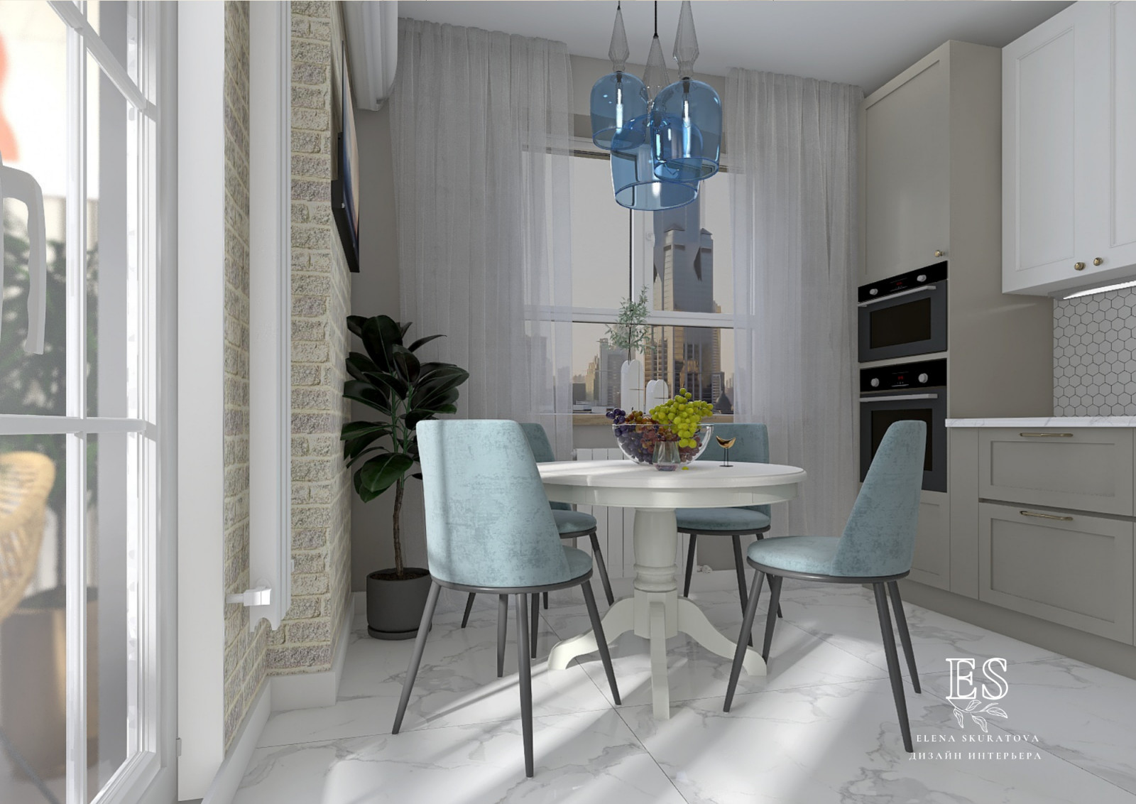 Квартира в бежевых оттенках с голубыми акцентами