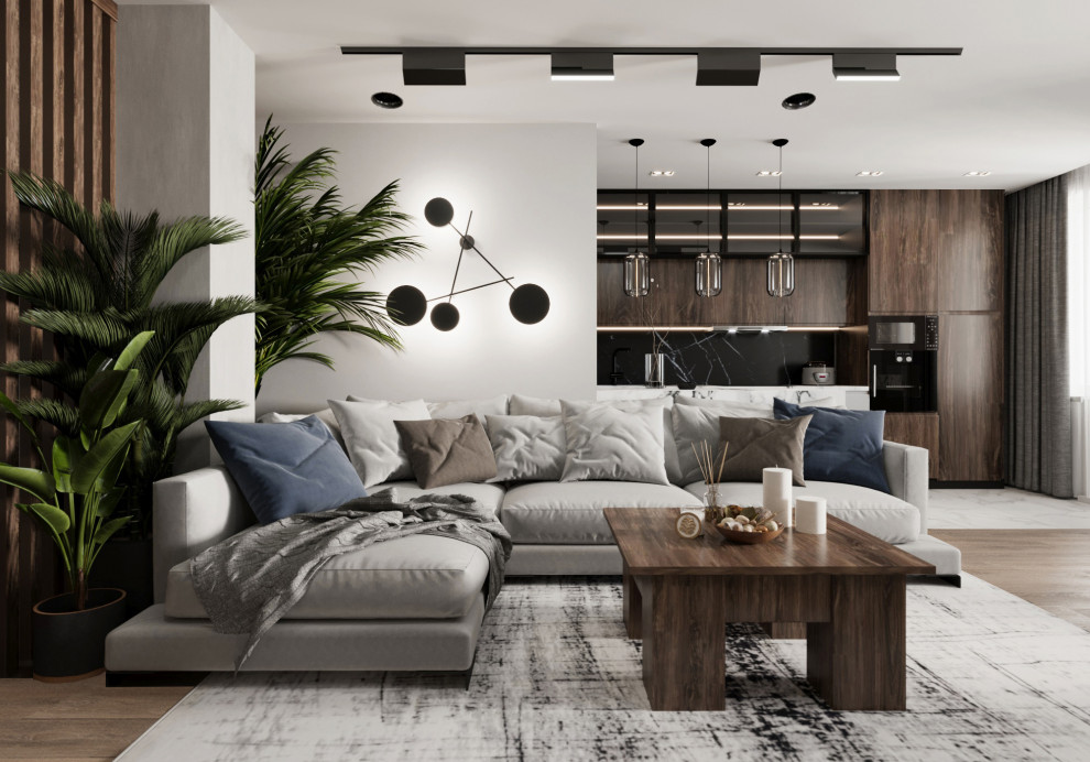 Обложка проекта: Гостиная и коридор в холодных деревянных тонах