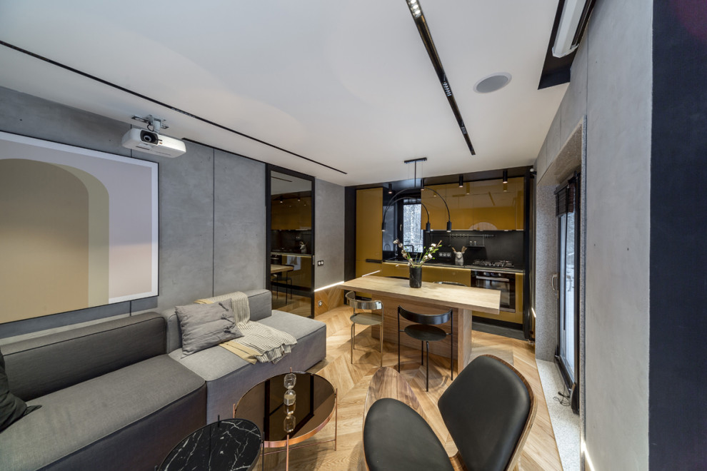 Глянцевая кухня с бетонной стеной