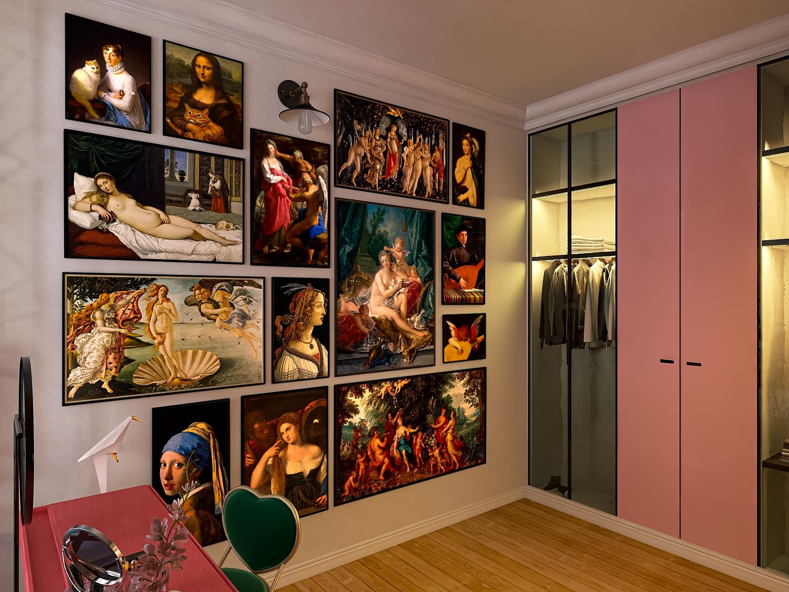 Картины в гардеробной - олицетворение красоты и искусства и куда без котиков