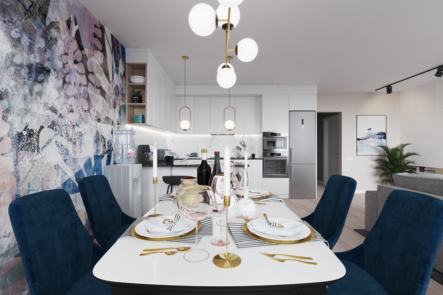 Кухня-гостиная с акцентной фреской