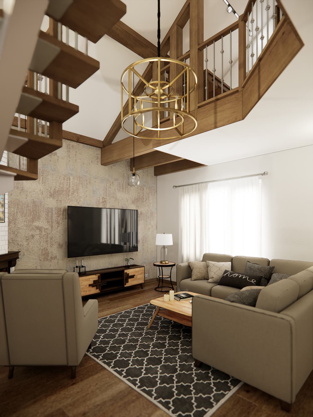 Дом в немецком стиле: кухня и гостиная с камином и лестницей