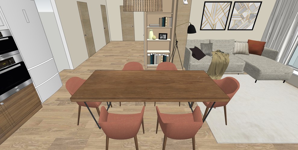 Деревянные балки в современной кухне-гостиной