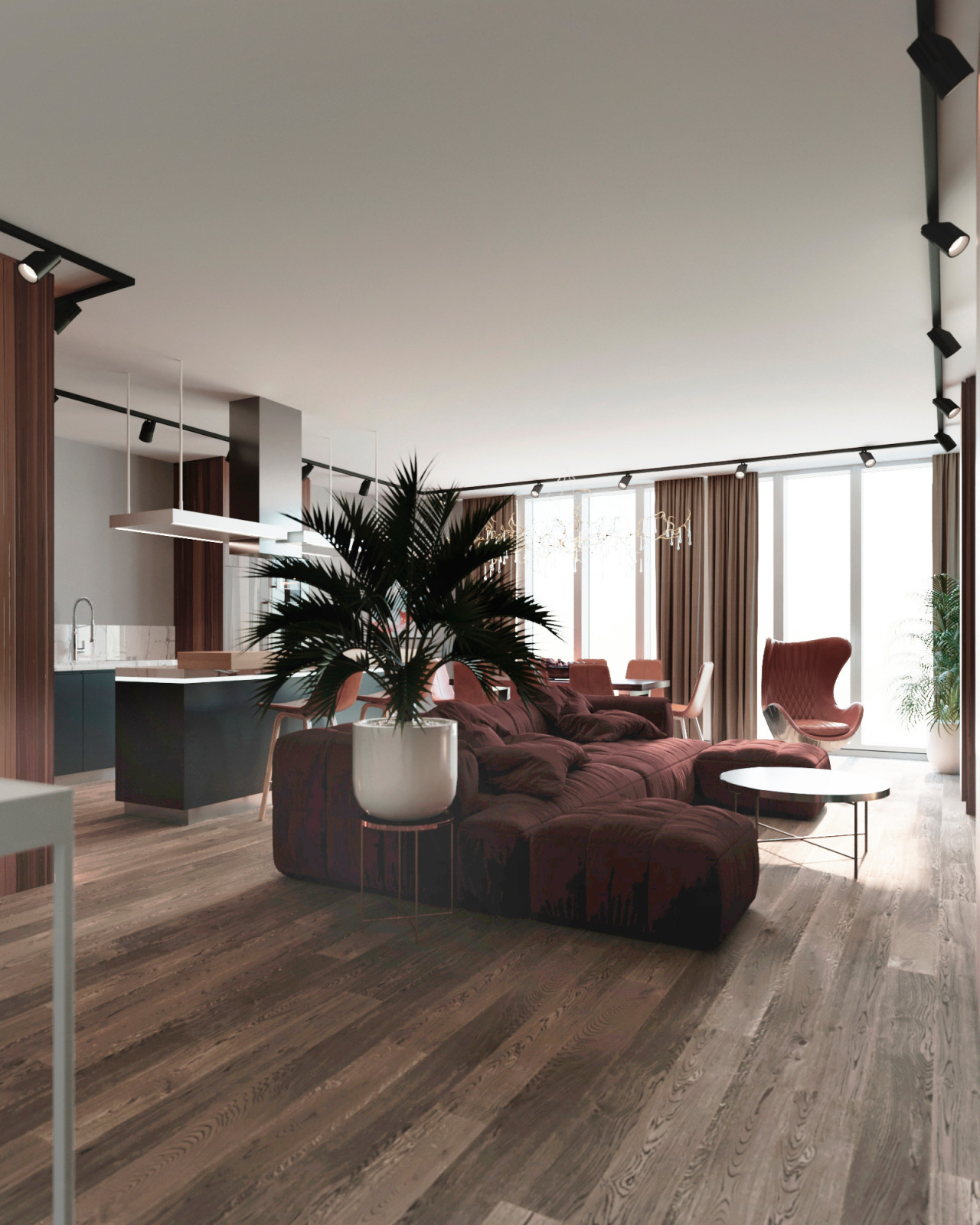 Современная Кухня-гостиная в природных тонах и фактурах