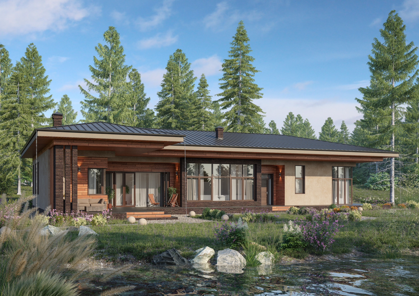 Одноэтажный дом с бассейном