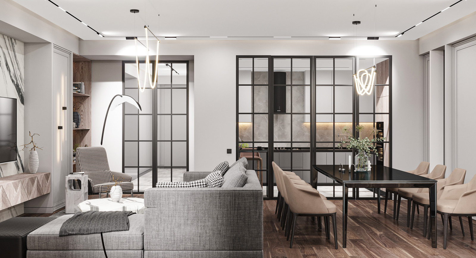 Зонирование между кухней и гостиной