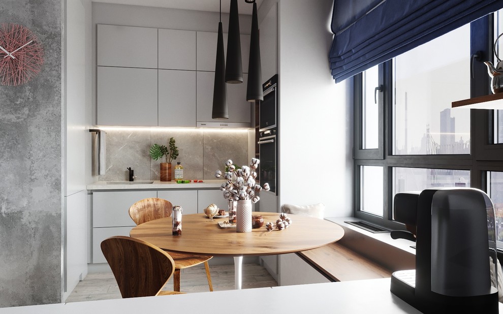 Кухонная техника разместилась довольно компактно в рабочей зоне, кухонные гаджет