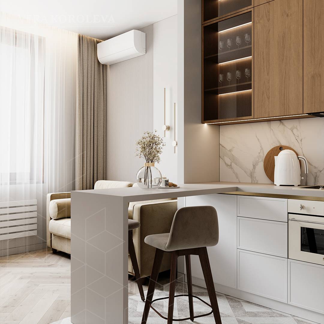 Кухня со светлыми фасадами и деревом, барная стойка и столешница из акрилового к