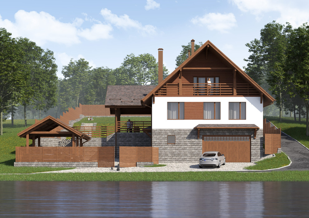 Обложка проекта: Проект 3-этажного 5-комнатного мансардного дома в стиле шале