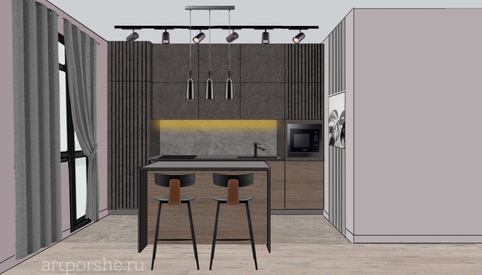 Концепция кухни-гостиной для молодого человека