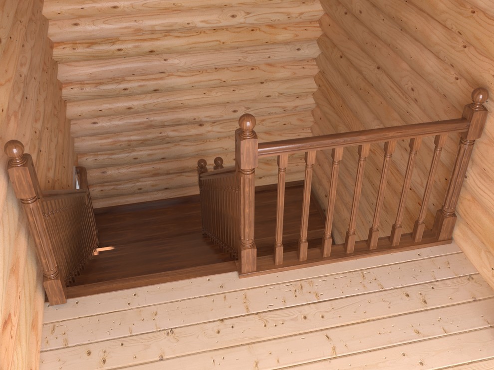 3D визуализация лестницы из дуба в бревенчатом дом